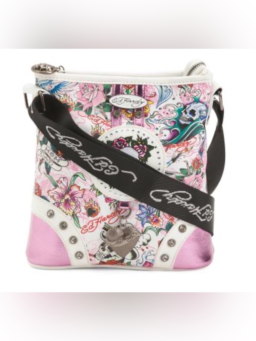 Ed Hardy Studded Skull Graphic Crossbody Bag with charms
